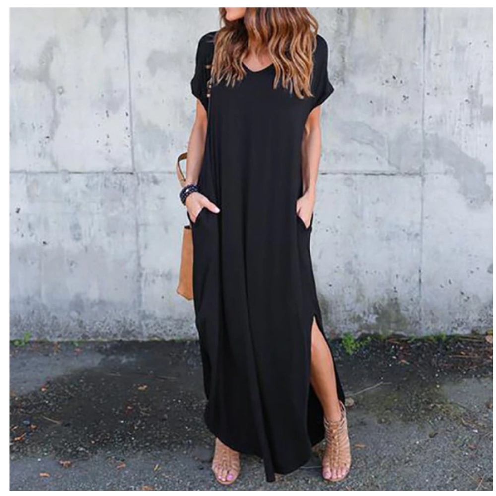 NWT Black Maxi Dress Short Sleeves & Split Side - Picture 1 of 2